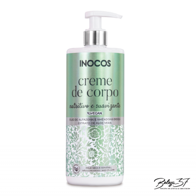 Frasco de creme de corpo Inocos com tampa pump e rótulo verde e branco