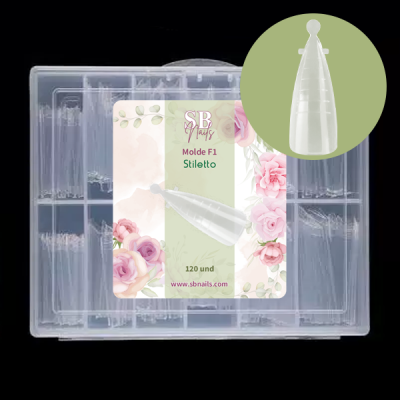 Caixa de moldes de unhas stiletto transparentes com etiqueta decorada e texto visível
