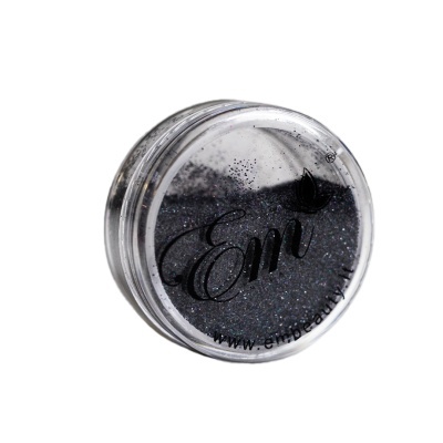 Pote de glitter preto com tampa transparente e texto 'Em'