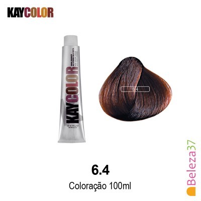 Tubo de coloração capilar KAYCOLOR 6.4 castanho e amostra de cabelo ao lado sobre fundo branco