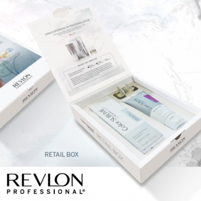Caixa de retalho de produtos capilares Revlon Professional em embalagem branca com tampa transparente