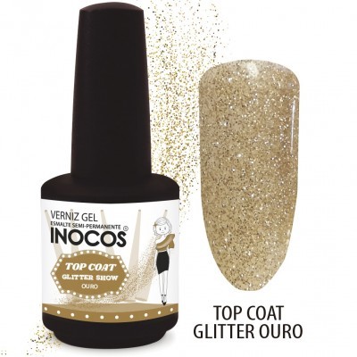Verniz gel Inocos Top Coat Glitter Show Ouro com glitter dourado