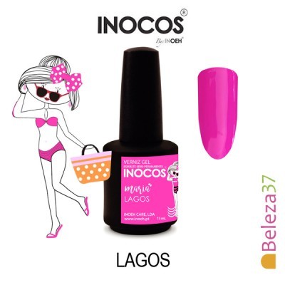 Frasco de verniz gel rosa Inocos com amostra de unha e ilustração mulher em biquíni