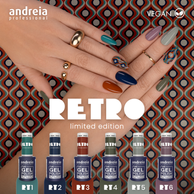 Frascos de verniz em gel Andreia RETRO com mãos femininas decoradas e fundo geométrico