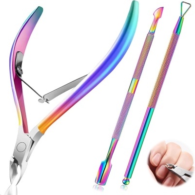Conjunto iridescente de ferramentas de manicure em metal, incluindo corta-cutículas e instrumentos de cuidado de cutículas