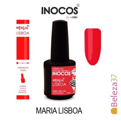 Verniz gel INOCOS Maria Lisboa vermelho fado com amostra da cor e embalagem