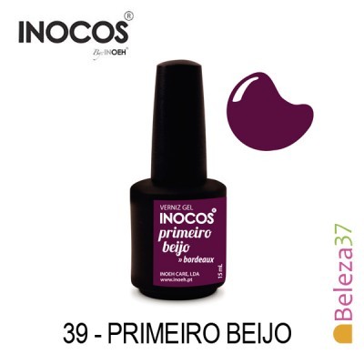 Frasco de verniz gel INOCOS cor bordeaux com texto 'primeiro beijo' e número 39