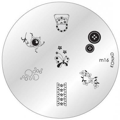 Placa redonda de carimbo para unhas com diversos desenhos decorativos em preto.