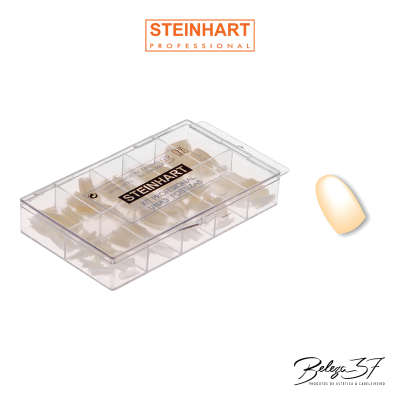 Caixa transparente com unhas postiças bege claras e embalagem da marca STEINHART PROFESSIONAL.