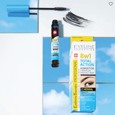 Máscara para sobrancelhas Eveline Cosmetics 8w1 Total Action com embalagem colorida e amostra de cor