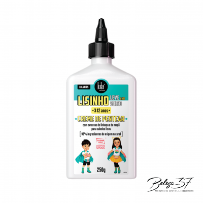 Frasco branco com tampa preta e rótulo colorido de creme de pentear para crianças