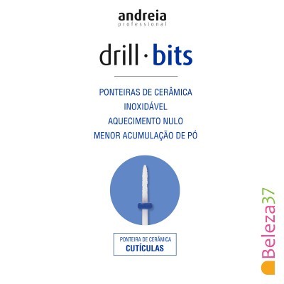 Embalagem de pontas de cerâmica para cutículas da andreia professional com texto e imagem da ponta azul e branca