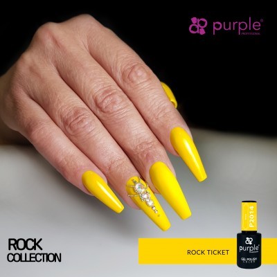 Unhas amarelas em gel compridas com decoração de cristais, embalagem de verniz gel amarelo Purple Professional