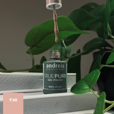 Verniz gel Andreia Professional True Pure nude com pincel e folhas verdes ao redor