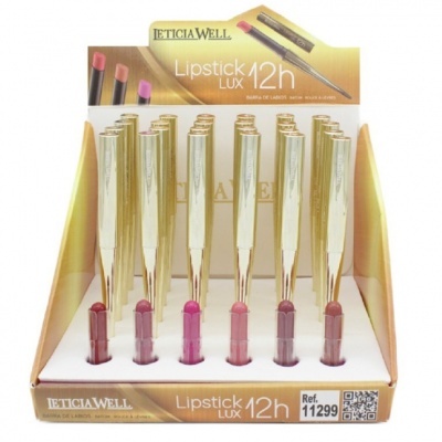 Expositor de batons dourados LETICIA WELL Lipstick LUX 12h com várias cores