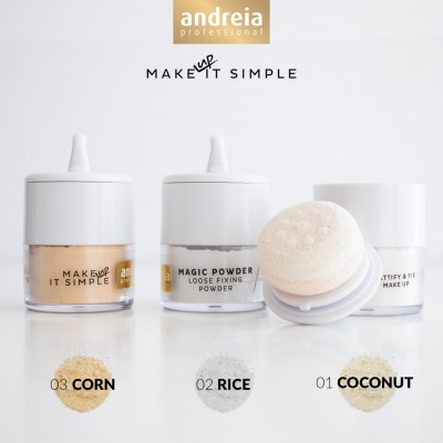 Três frascos de maquilhagem Andreia Professional com rótulos MAKE UP IT SIMPLE e amostras de pós nas cores corn, rice e coconut.