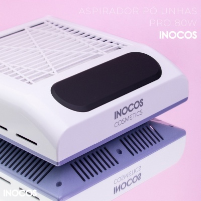 Aspirador de pó para unhas branco e preto da INOCOS sobre fundo rosa