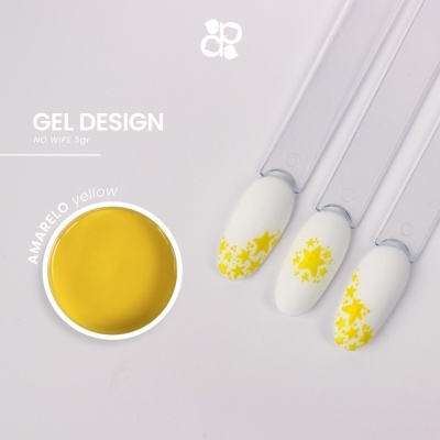 Gel de unhas amarelo com amostras de decoração em branco e amarelo