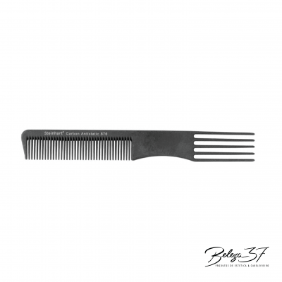 Pente preto com dentes finos de um lado e largos do outro, texto branco 'Steinhart Carbon Antistatic 876'