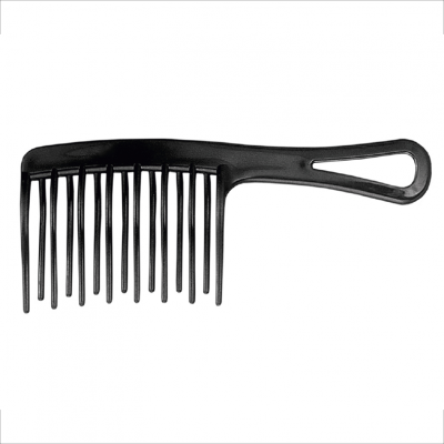 Pente preto de plástico com dentes grossos e cabo com abertura
