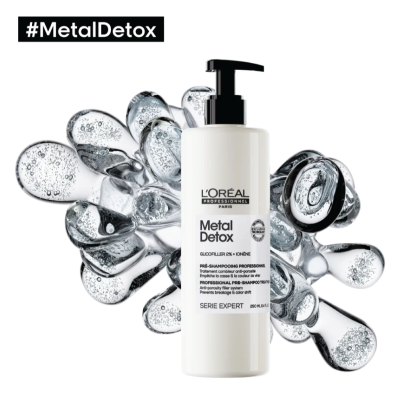Frasco branco de L'Oréal Metal Detox com gotas translúcidas ao fundo