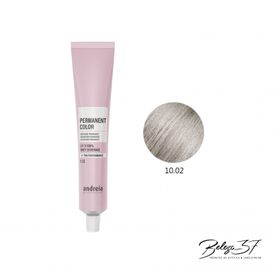 tubo de coloração permanente para cabelo cor 10.02 rosa claro com texto preto e branco e amostra da cor cinza prateado