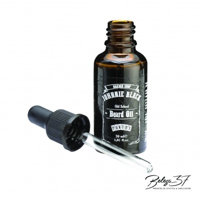 Frasco de óleo para barba castanho com conta-gotas e rótulo preto e branco