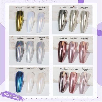 Seis conjuntos de unhas postiças metálicas em várias cores com três tipos de base, expostas em fundo branco marmoreado.