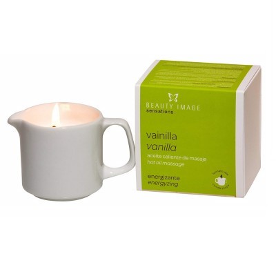 Vela de massagem vanilla em recipiente branco com caixa verde