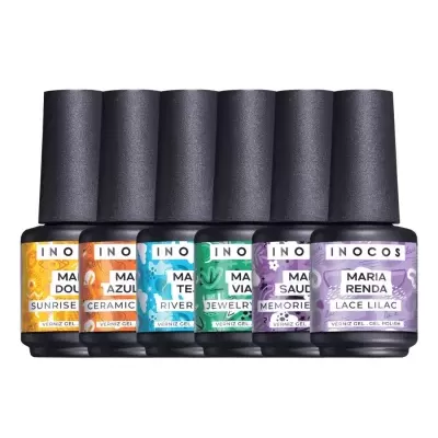 Frascos de verniz gel INOCOS Maria em várias cores com tampas pretas