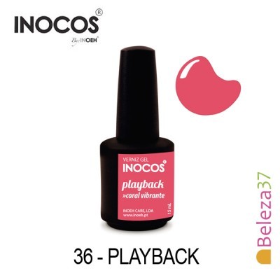 Frasco de verniz gel INOCOS cor playback rosa coral vibrante.