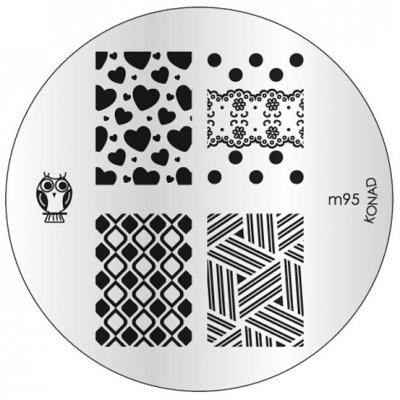 Placa metálica redonda com quatro padrões para carimbos de unhas em preto e texto m95 KONAD.