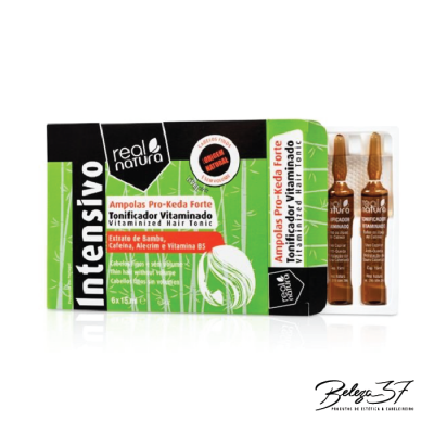 Caixa de ampolas para cabelo Real Natura Intensivo Pro-Keda Forte com seis ampolas de vidro castanho