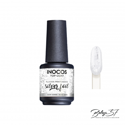 Frasco de top coat INOCOS silver foil com amostra da cor