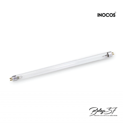 Lâmpada tubular branca com extremidades metálicas e pinos