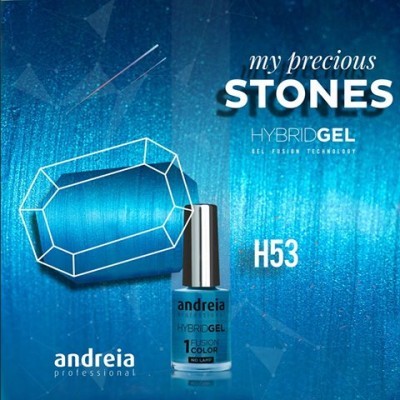 Frasco de verniz azul Andreia Hybrid Gel H53 com fundo azul e texto