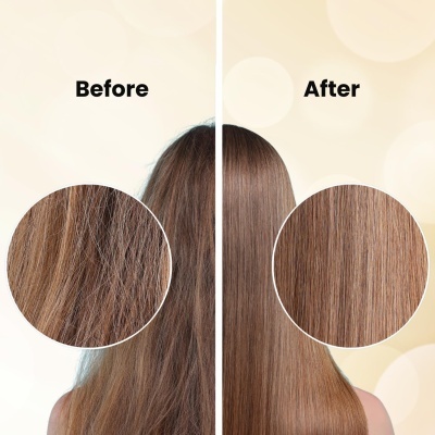 Comparação de cabelo castanho antes e depois, antes com textura espessa e seca, depois liso e brilhante
