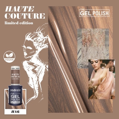 Verniz de gel Andreia THE GEL POLISH HAUTE COUTURE HA6 com fundo marrom e imagens de modelo e tecido