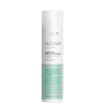 Frasco branco de shampoo Revlon RE/START VOLUME com textos pretos e verdes