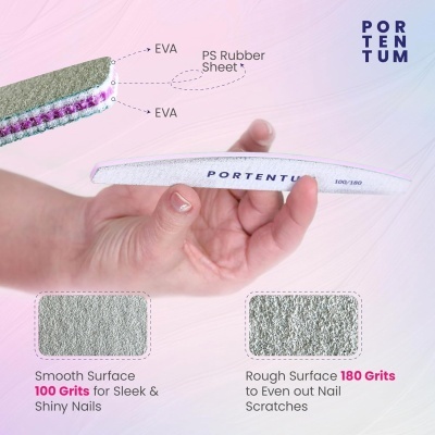 Lima de unha flexível com diferentes superfícies para cuidados, marca PORTENTUM com fundo rosa lilás