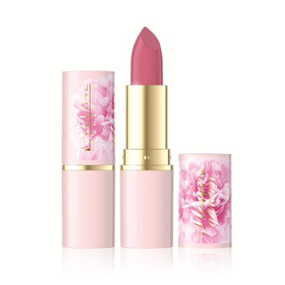 Batom rosa com estojo decorado com padrão floral rosa e texto 