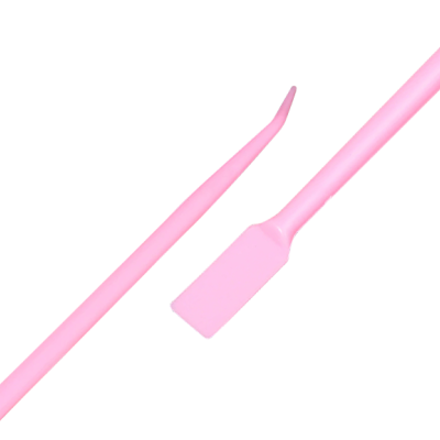 Dois instrumentos rosa de plástico com pontas diferentes, fundo branco