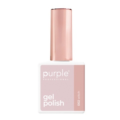 Frasco branco de verniz gel com tampa rosa metálica e rótulo rosa claro