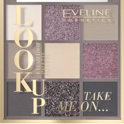 Paleta de sombras Eveline Cosmetics com nove tons variados e textos na embalagem