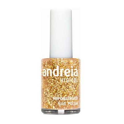 Frasco de verniz de unhas dourado com glitter da marca Andreia