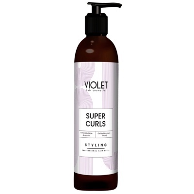 Frasco de creme para cabelo Super Curls da Violet com bomba e rótulo branco e violeta
