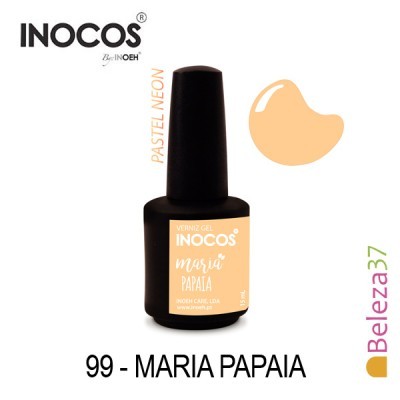 Esmalte em gel INOCOS cor 99 Maria Papaia embalagem preta e amostra de cor bege pastel