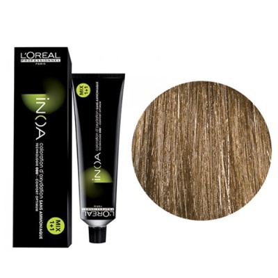 Tubo e caixa pretos do produto L'Oréal Inoa com amostra de cor castanha clara