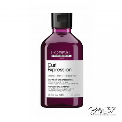 Frasco roxo de shampoo L'Oréal Paris Curl Expression com tampa preta