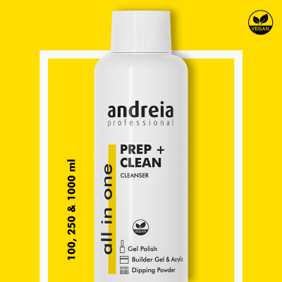 Frasco branco de produto de limpeza Andreia Professional com texto preto e amarelo em fundo amarelo.